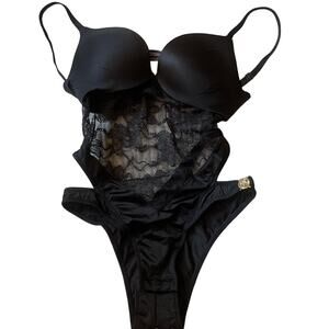 NWT Victoria secret bra and underwear black lace one piece bodysuit